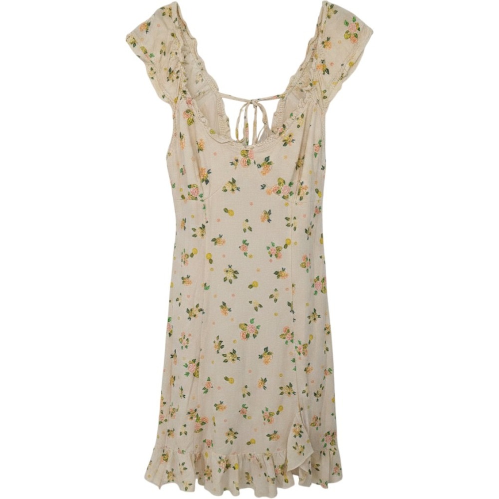 Free People Mini Dress Women Small Cream Citrus Ruffle Lace Up Viscose Linen